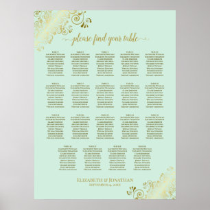19 Table Mint Green & Gold Wedding Seating Chart Poster