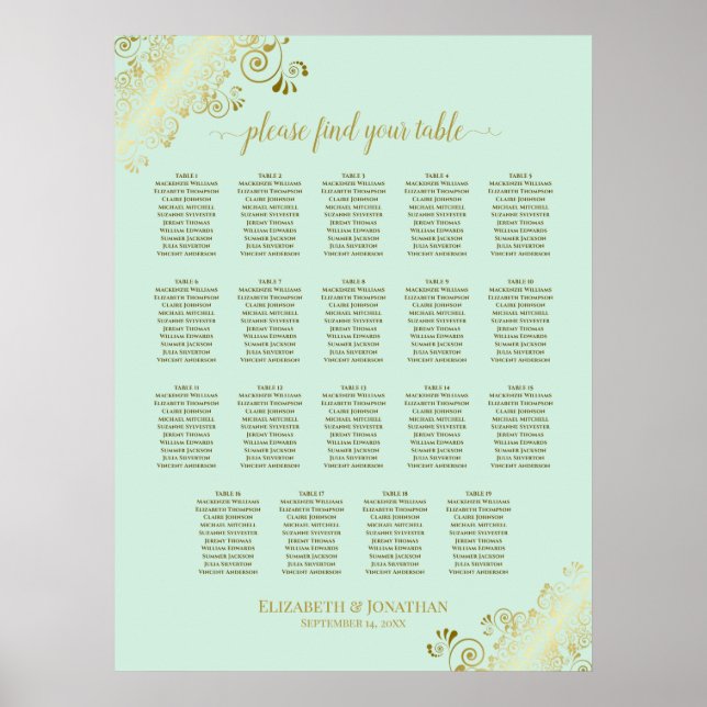 19 Table Mint Green & Gold Wedding Seating Chart Poster (Vorne)