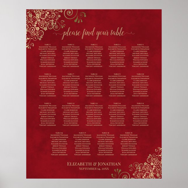 19 Tableau Rouge et Gold Frills Mariage Seating Ch (Devant)