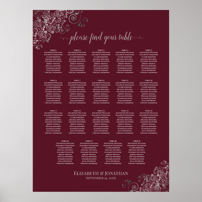 19 Tafelsilber auf Burgunder Hochzeitskarte Poster (Vorne)