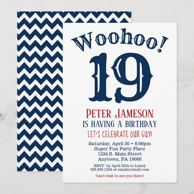 19e anniversaire Invitation Mens Marine Bleu (Devant / Derrière)