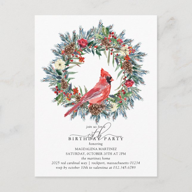19th Birthday Party Red Cardinal Wreath Einladungspostkarte (Vorderseite)