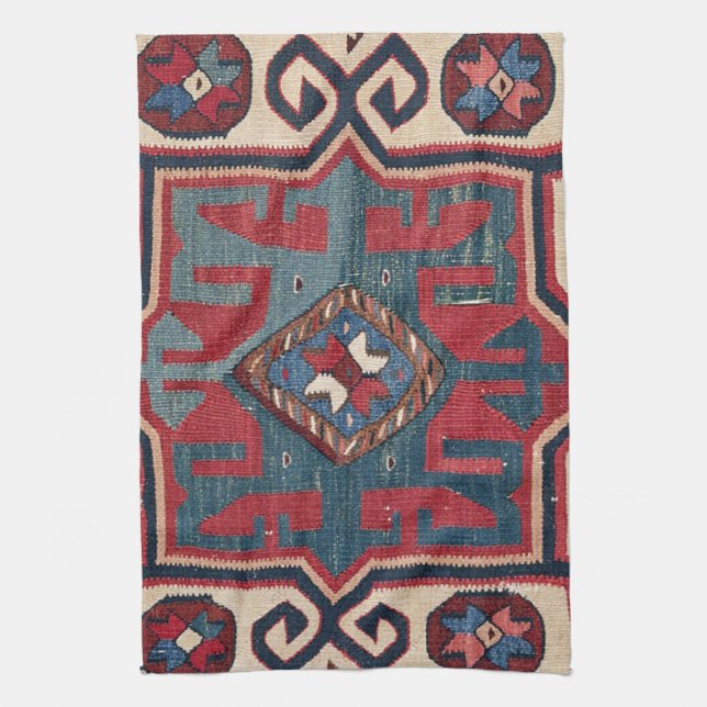19th Century Colorful Red Blue Geschirrtuch (Vertikal)