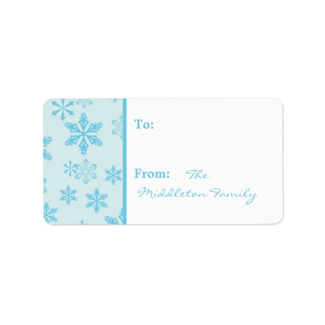 1.25"x2.75" Blaue Schneeflocken auf Geschenkmarke Adressaufkleber (Vorne)