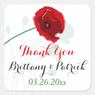 1,5" Hochzeitsticker 3   Roter Mohn   Schwarz, Grü Quadratischer Aufkleber