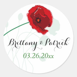 1,5" Hochzeitsticker   Roter Mohn   Schwarz, Grün Runder Aufkleber