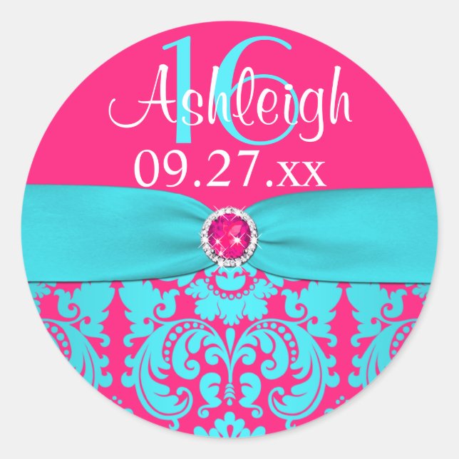 1,5" Hot Pink, Türkis Damask Sweet 16 Aufkleber (Vorderseite)