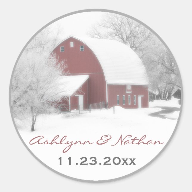 1.5" Roter Stall im Winter Wedding Gefälligkeitsau Runder Aufkleber (Vorderseite)