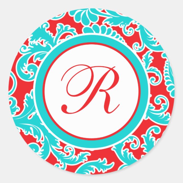1,5" Round Blue Red White Damask Monogram Sticker (Vorderseite)