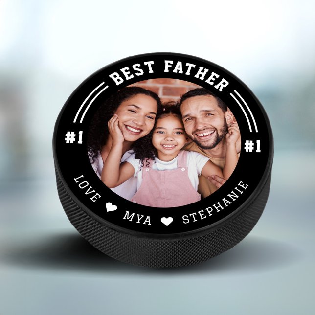 #1 Bestes Vater-Foto Bewahren kundenspezifisches F Eishockey Puck (#1 Best Father Photo Keepsake Custom Photo & Names Black Hockey Puck)