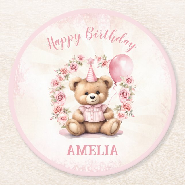 1. Birthday Bear Pink Roses Round Paper Untersetze Runder Pappuntersetzer (Vorderseite)