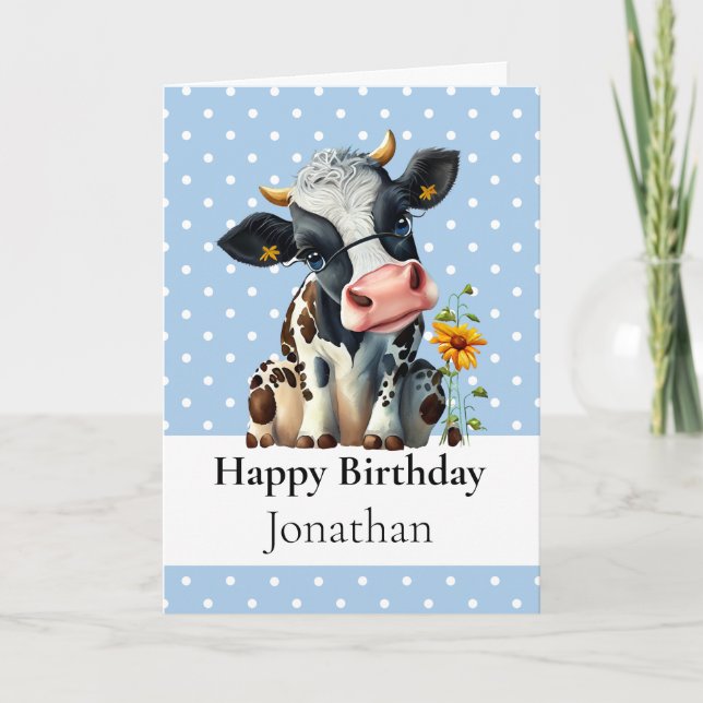 1. BIRTHDAY Dairy COW BOY Blue CARD Karte (Vorderseite)