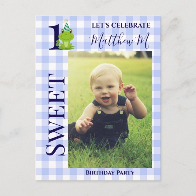 1. Birthday Frosch Karierte Party Einladung Postkarte (Vorderseite)