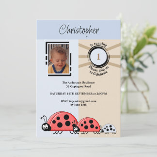 1. Birthday Party Foto Ladybugs blau braun Einladung