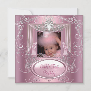 1. Erster Geburtstagsparty Mädchen Rosa Silber Ste Einladung