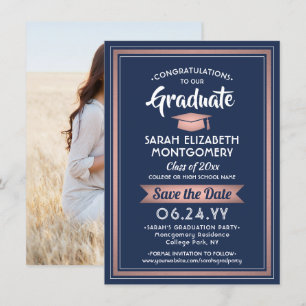1 Foto Abschluss Elegant Navy Blue and Pink Save The Date