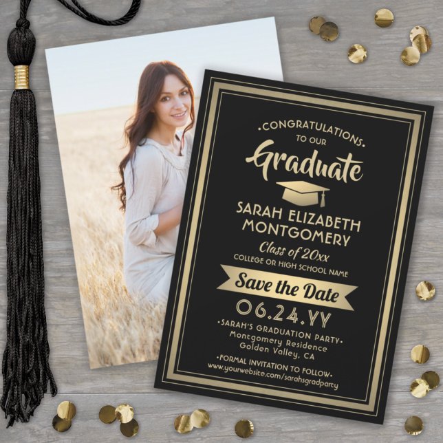 1 Foto Abschluss Elegante Moderne Schwarz und Gold Save The Date (Von Creator hochgeladen)