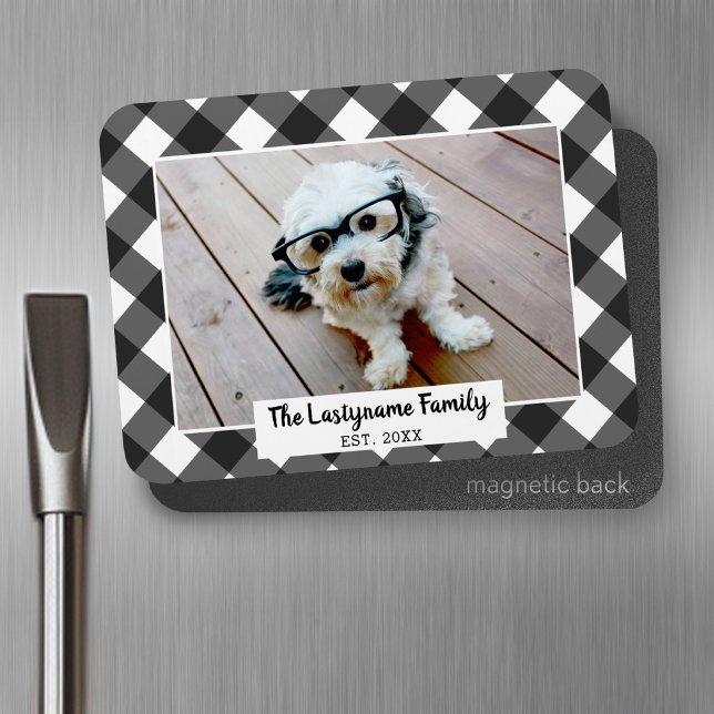 1 Foto Collage Familienname - Buffalo Karo Black Magnet (Personalized fridge magnet - add photos and custom text)