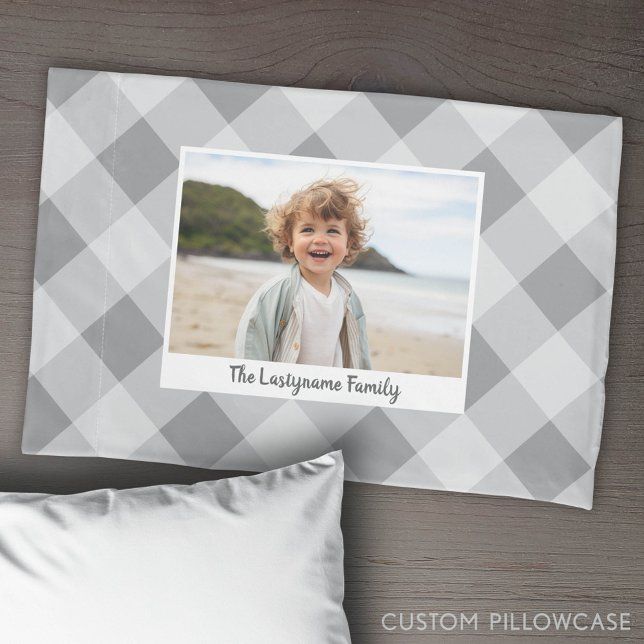 1 Foto Collage Familienname - Buffalo Karo Grau Kissenbezug (Custom Pillowcase with Photo Collage)