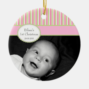 1. Foto des rosa Limonen Streifen-Babys Weihnachts Keramik Ornament