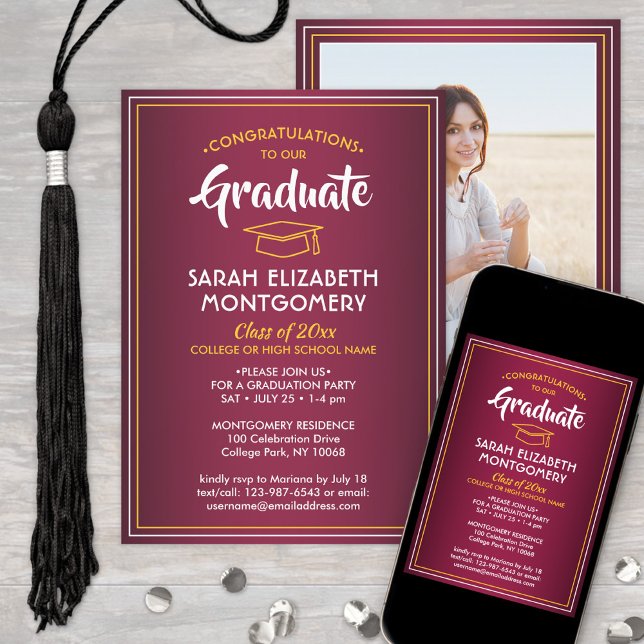 1 Foto Elegante Maroon Rotes Gold Gelber Abschluss Einladung (Von Creator hochgeladen)