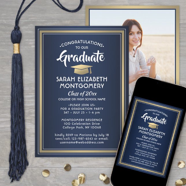 1 Foto Eleganter Navy Blue Gold & White Abschluss Einladung (Von Creator hochgeladen)