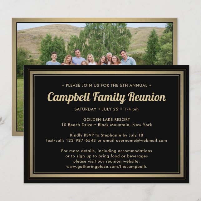 1 Foto Family Wiedersehen Elegant Black and Gold Einladung (Vorne/Hinten)