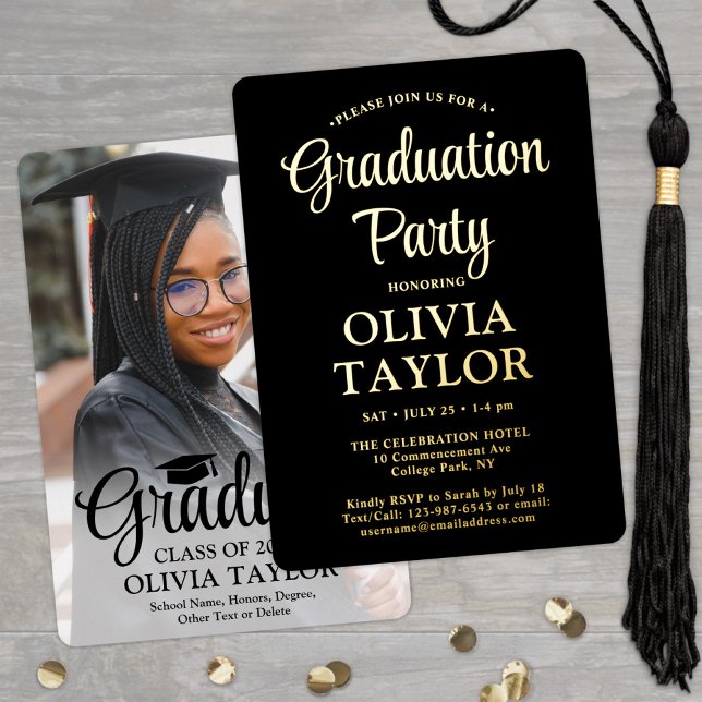 1 Foto Graduation Party Elegantes Skript Schwarz u Folieneinladung (Von Creator hochgeladen)