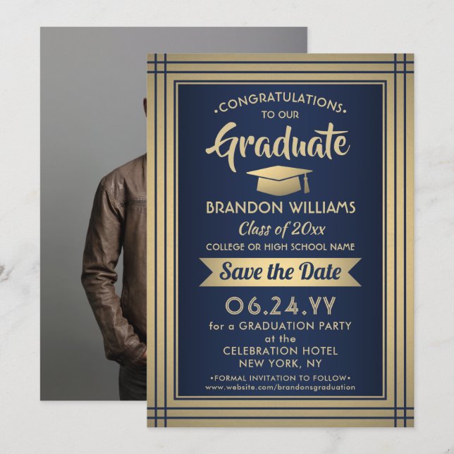 1 Foto Herzlichen Glückwunsch Graduate Navy Blue & Save The Date (Vorne/Hinten)