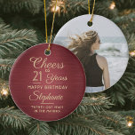 1 Foto JEDER Geburtstag Brushed Burgund & Gold Run Keramik Ornament<br><div class="desc">Herzlichen Glückwunsch zum Geburtstag! Feiern Sie einen fröhlichen Geburtstag mit einem Foto Bordeaux und goldene runde Keramik Ornament. Alle Formulierungen auf dieser Vorlage (einschließlich "Cheers to 21 Years") sind für einen 21. Geburtstag Set, können aber für jedes Jahr oder jede Art von Veranstaltung einfach personalisiert werden. Das Design besticht durch...</div>