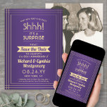 1 Foto Jubiläum Überraschung Party Lila und Gold Save The Date<br><div class="desc">Kannst du ein Geheimnis behalten haben? Laden Sie Ihre Familie und Freunde zu einem eleganten und aufregenden Überraschungs-Jubiläum Party mit maßgeschneiderten Foto lila und Gold Save the Date Einladungen. Bild und alle Formulierungen auf dieser Vorlage sind einfach zu personalisieren, einschließlich der Nachricht, dass "Shhh! Es ist ÜBERRASCHEND." Das Design besticht...</div>