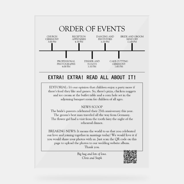 1 Foto Minimalistisches Script-Hochzeitsprogramm Acrylschild (Vorderseite)