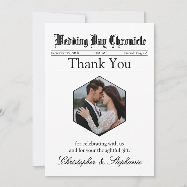 1 Foto Newspaper Wedding Elegantes Script Custom Dankeskarte (Vorderseite)