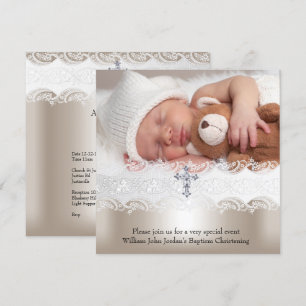 1 Foto Taufe Weiß Beige Kreuz Baby Mädchen Junge Einladung