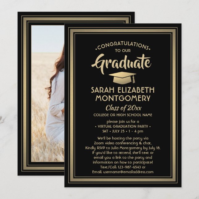 1 Foto Virtual Graduation Party Black and Gold Einladung (Vorne/Hinten)
