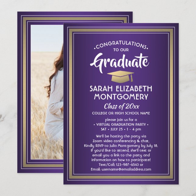1 Foto Virtual Graduation Party Lila Gold White Einladung (Vorne/Hinten)
