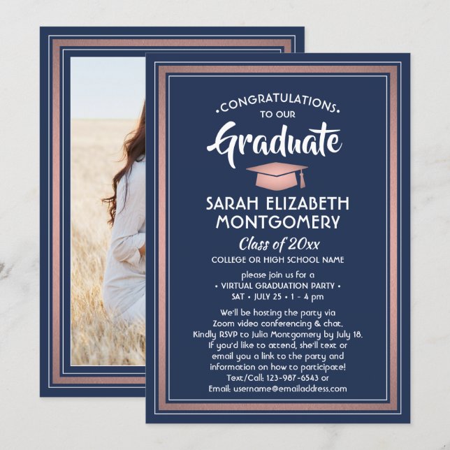 1 Foto Virtual Graduation Party Navy Blue & Pink Einladung (Vorne/Hinten)