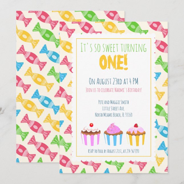 1. Geburtstag, 3 Cupcakes Party Einladung (Vorne/Hinten)