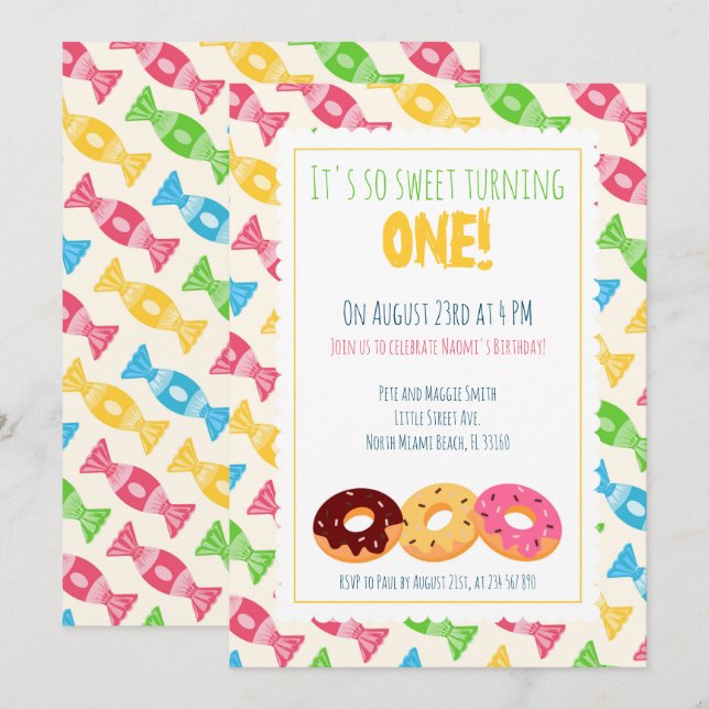 1. Geburtstag 3 Donuts Baby Girl Party Einladung (Vorne/Hinten)