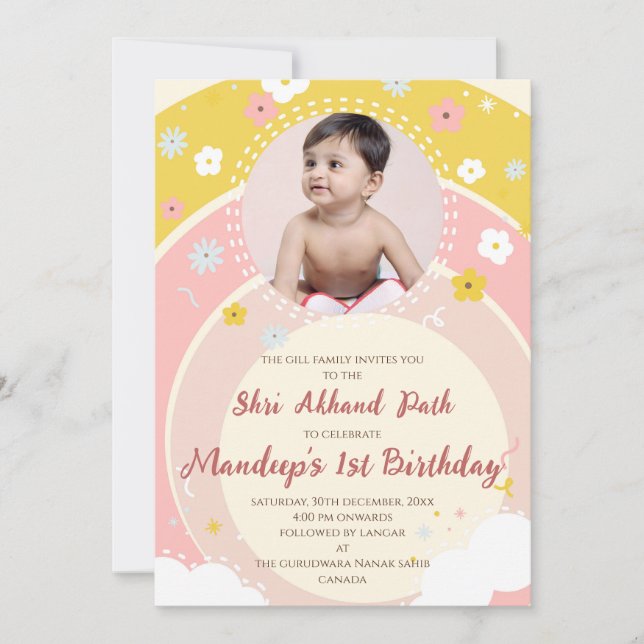 1. Geburtstag Akhand Path lädt Sukhmani Sahib ein Einladung (Vorderseite)