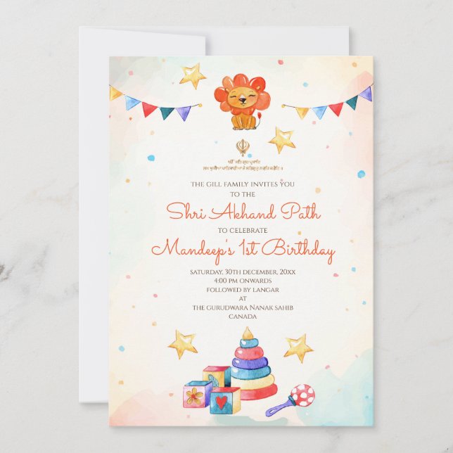 1. Geburtstag Akhand Path lädt Sukhmani Sahib ein Einladung (Vorderseite)