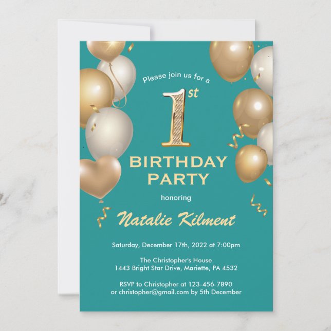 1. Geburtstag Aquamarin und Gold Glitzer Balloons Einladung (Vorderseite)