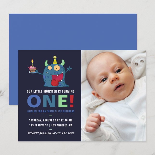 1. Geburtstag Baby Boy Kleines Monster Einladung (Vorne/Hinten)