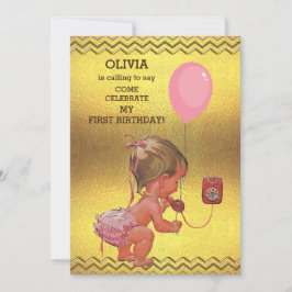 1. Geburtstag Baby Girl Handy Ballon Gold Chevrons Einladung
