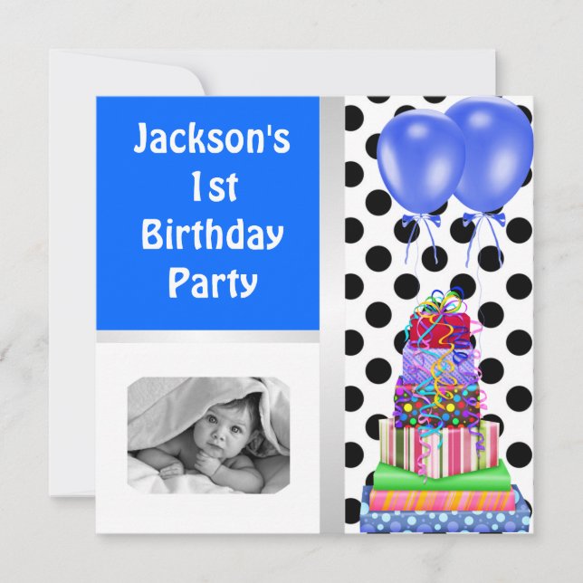 1. Geburtstag Ballons Geschenke Black & White Blue Einladung (Vorderseite)
