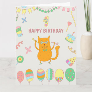 1. Geburtstag. Ballons und rote Katze. Karte