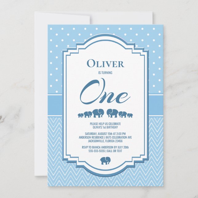 1. Geburtstag Blaue Elefanten Einladung (Vorderseite)