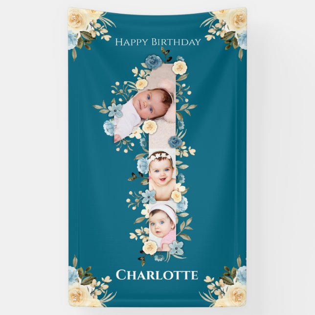 1. Geburtstag Blume Aquamarines Foto Collage Blau  Banner (Vertikal)