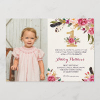1. Geburtstag Boho Feder FIRST Floral Einladung
