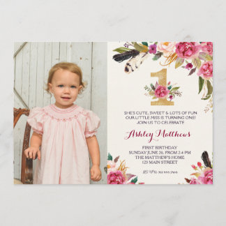 1. Geburtstag Boho Feder FIRST Floral Einladung